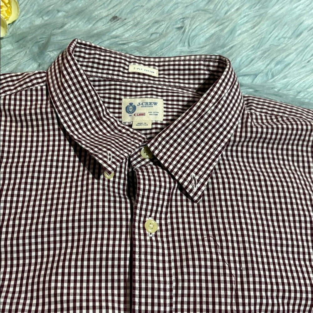 J. Crew 2-Ply Cotton Maroon White Check Button Down Shirt sz XL